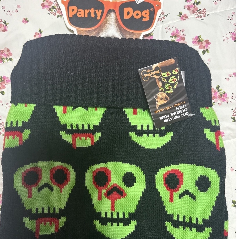 Party Dog Halloween Skull Pet Sweater Black Neon Green Red XL